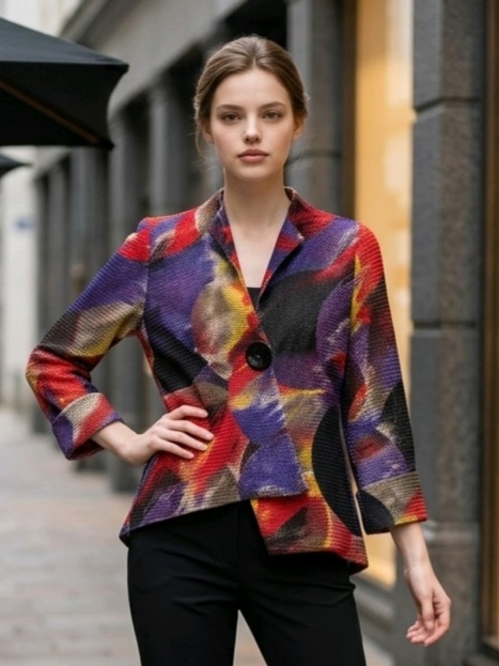 Joseph Ribkoff Multicolor Abstract Single-Button Blazer